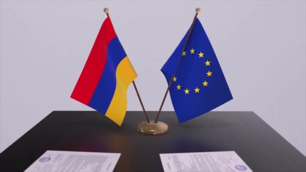 アルメニアとEuの国旗が掲揚されている 国との政治取引またはビジネス契約3Dアニメーション — ストック動画