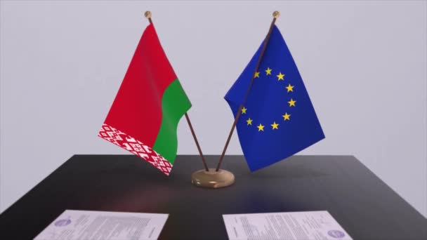 白俄罗斯和欧盟的国旗在桌面上 与国家3D动画的政治交易或商业协议 — 图库视频影像