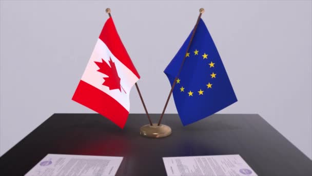カナダとEuはテーブルの上に旗を掲げる 国との政治取引またはビジネス契約3Dアニメーション — ストック動画