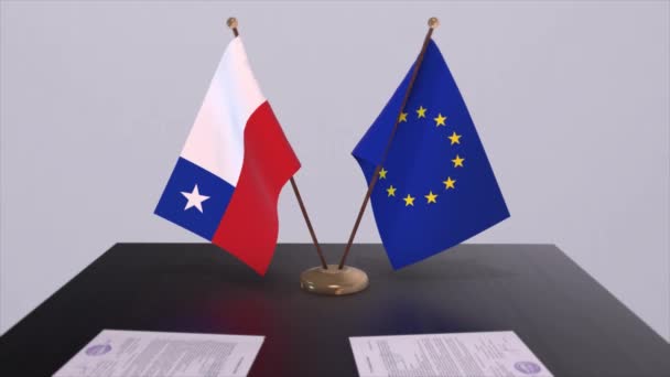 智利和欧盟的国旗在桌上 与国家3D动画的政治交易或商业协议 — 图库视频影像