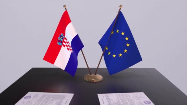 Croacia Bandera Sobre Mesa Acuerdo Política Acuerdo Negocios Con Animación — Vídeo de stock