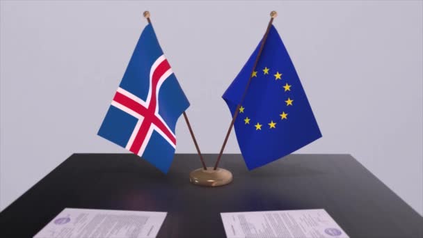 冰岛和欧盟的国旗在桌上 与国家3D动画的政治交易或商业协议 — 图库视频影像