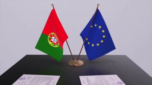 Portugal Und Die Flagge Auf Dem Tisch Politik Deal Oder — Stockvideo