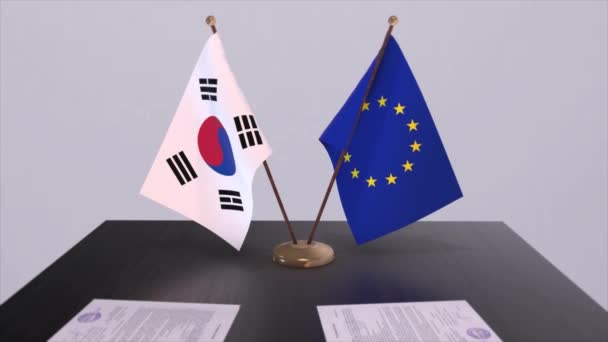 Südkorea Und Flagge Auf Dem Tisch Politik Deal Oder Geschäftsvereinbarung — Stockvideo