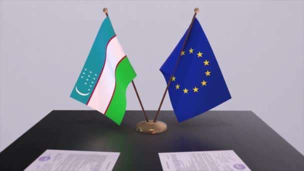ウズベキスタンとEuの国旗が掲揚されている 国との政治取引またはビジネス契約3Dアニメーション — ストック動画