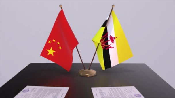 Brunei Cina Bandiera Concetto Politico Accordo Partenariato Tra Paesi Accordo — Video Stock