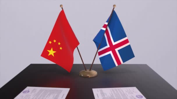 Izland Kína Zászlaja Politikai Koncepció Partneri Egyezség Országok Között Kormányok — Stock videók