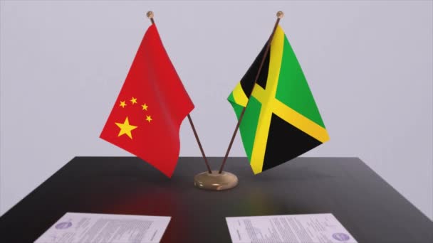 牙买加和中国的国旗 政治概念 国家间的伙伴交易 各国政府的伙伴关系协定 — 图库视频影像