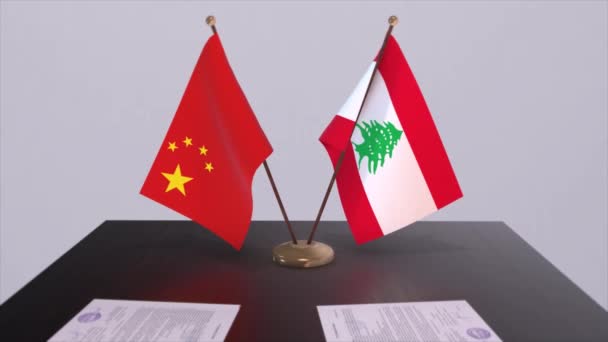 黎巴嫩和中国的国旗 政治概念 国家间的伙伴交易 各国政府的伙伴关系协定 — 图库视频影像