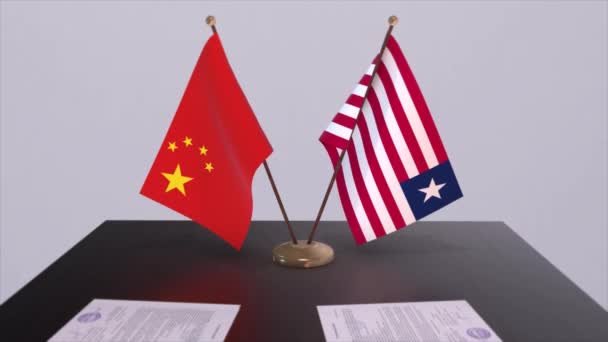 Bandera Liberia China Concepto Político Acuerdo Socios Entre Países Acuerdo — Vídeos de Stock
