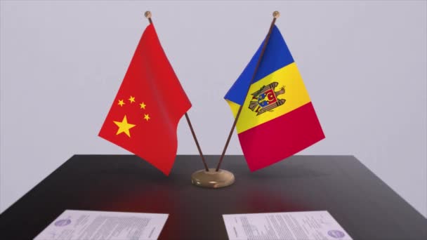 摩尔多瓦和中国的国旗 政治概念 国家间的伙伴交易 各国政府的伙伴关系协定 — 图库视频影像