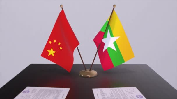 Флаг Мьянмы Китая Концепция Политики Партнерская Сделка Между Странами Соглашение — стоковое видео