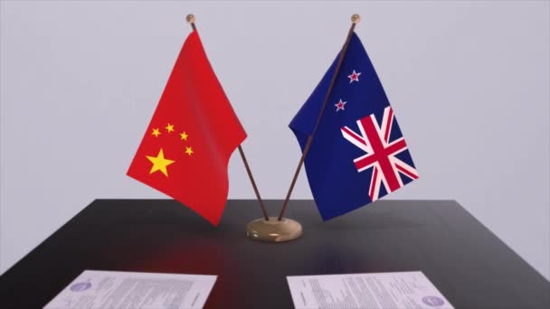 Flagge Neuseelands Und Chinas Politisches Konzept Partnerabkommen Zwischen Ländern Partnerschaftsabkommen — Stockvideo