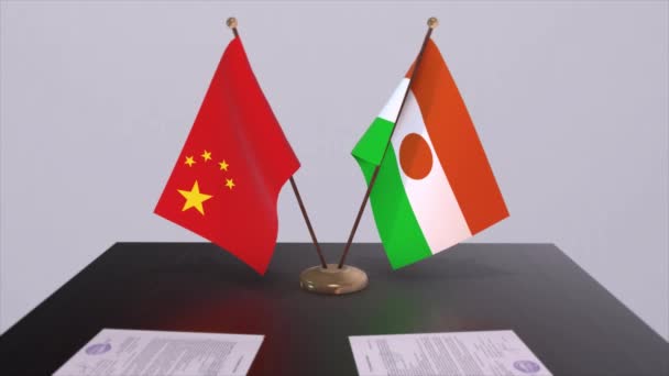 Niger China Vlag Politiek Concept Partner Deal Tussen Landen Partnerschapsovereenkomst — Stockvideo