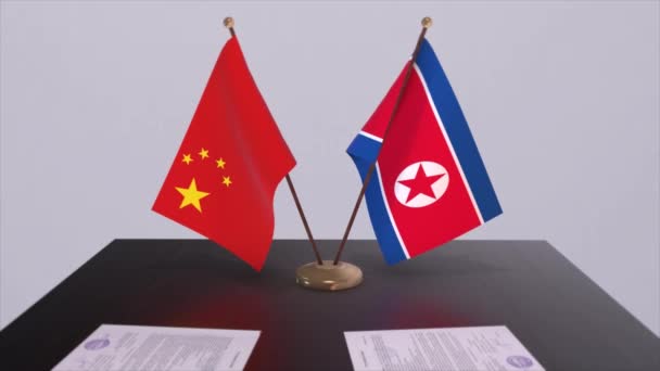 Nordkoreas Und Chinas Flagge Politisches Konzept Partnerabkommen Zwischen Ländern Partnerschaftsabkommen — Stockvideo