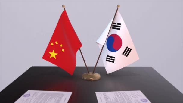 Flagge Südkoreas Und Chinas Politisches Konzept Partnerabkommen Zwischen Ländern Partnerschaftsabkommen — Stockvideo