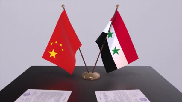 叙利亚和中国的国旗 政治概念 国家间的伙伴交易 各国政府的伙伴关系协定 — 图库视频影像