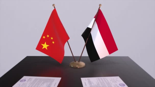 Jemen Und China Flagge Politisches Konzept Partnerabkommen Zwischen Ländern Partnerschaftsabkommen — Stockvideo
