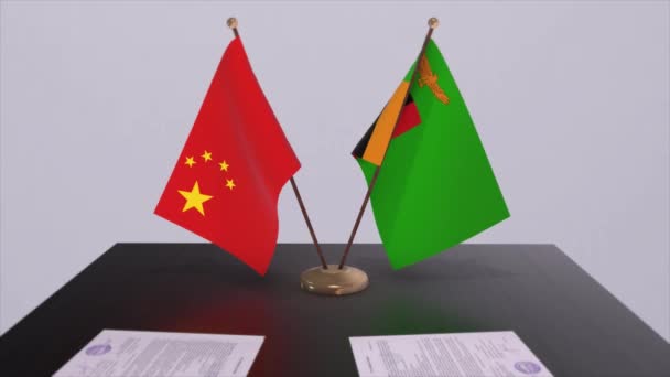 ザンビアと中国の国旗 政治概念 パートナー国間の取引 政府間のパートナーシップ協定 — ストック動画