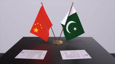 Pakistan ve Çin bayrağı. Siyaset konsepti, ülkeler arasında ortaklık anlaşması. Hükümetlerin ortaklık anlaşması 3 boyutlu illüstrasyon.