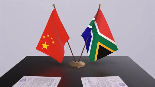 南非和中国的国旗 政治概念 国家间的伙伴交易 政府伙伴关系协定3D说明 — 图库照片