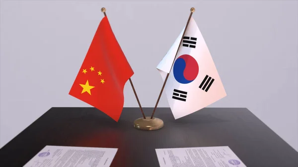 Dél Korea Kína Zászlaja Politikai Koncepció Partneri Egyezség Országok Között — Stock Fotó