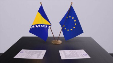 Bosna-Hersek ve AB bayrağı masada. Ülke ile siyasi anlaşma veya iş anlaşması 3D illüstrasyon.