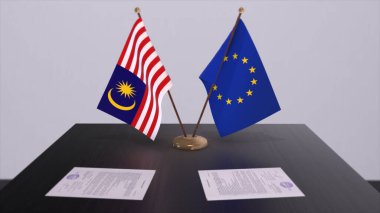 Malezya ve AB bayrağı masada. Ülke ile siyasi anlaşma veya iş anlaşması 3D illüstrasyon.