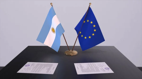 Bendera Argentina Dan Uni Eropa Atas Meja Politik Kesepakatan Atau — Stok Foto