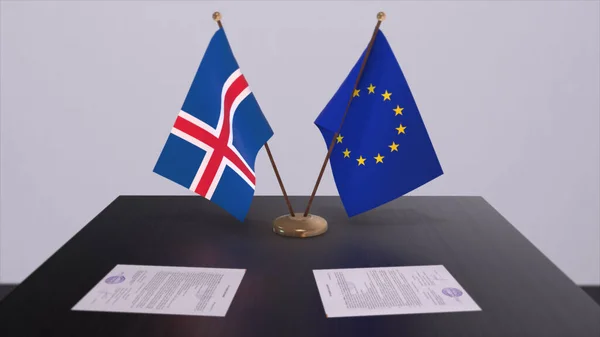 アイスランドとEuはテーブルの上に旗を掲揚 国との政治取引やビジネス契約3Dイラスト — ストック写真