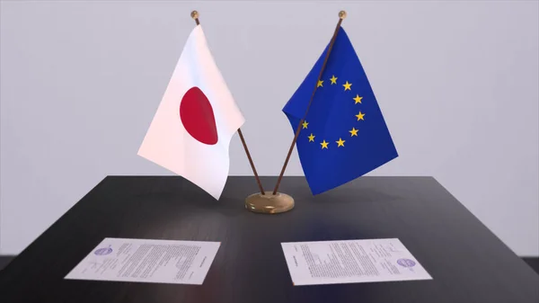 Japan and EU flag on table. Politics deal or business agreement with country 3D illustration.
