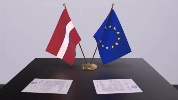 Latvia and EU flag on table. Politics deal or business agreement with country 3D illustration.