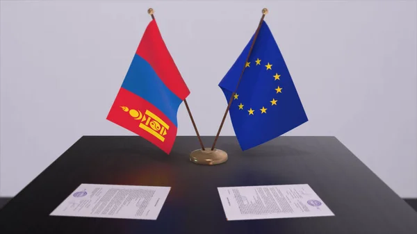 Mongolia and EU flag on table. Politics deal or business agreement with country 3D illustration.
