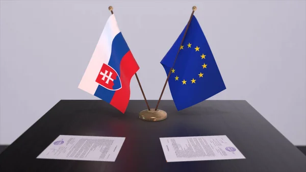 斯洛伐克和欧盟的国旗在桌面上 与国家3D说明的政治交易或商业协议 — 图库照片