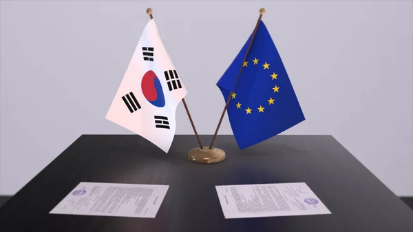 South Korea and EU flag on table. Politics deal or business agreement with country 3D illustration.