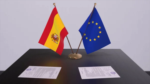 Spain and EU flag on table. Politics deal or business agreement with country 3D illustration.