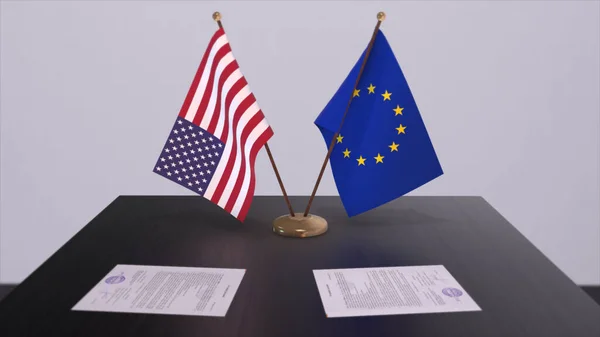 USA and EU flag on table. Politics deal or business agreement with country 3D illustration.