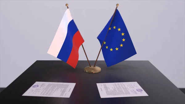 Russia and EU flag on table. Politics deal or business agreement with country 3D illustration.