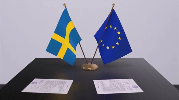 Sweden and EU flag on table. Politics deal or business agreement with country 3D illustration.