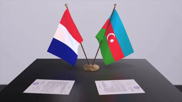 Banderas Nacionales Azerbaiyán Francia Sala Conferencias Diplomáticas Acuerdo Político Ilustración — Foto de Stock