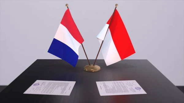Indonesien Och Frankrike Nationella Flaggor Bordet Diplomatisk Konferensrum Politik Deal — Stockfoto