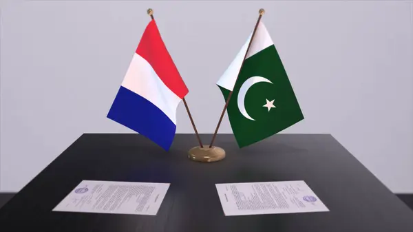 Banderas Nacionales Pakistán Francia Sala Conferencias Diplomáticas Acuerdo Político Ilustración — Foto de Stock