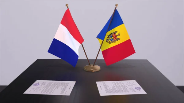 Moldova France National Flags Table Diplomatic Conference Room Politics Deal — стокове фото
