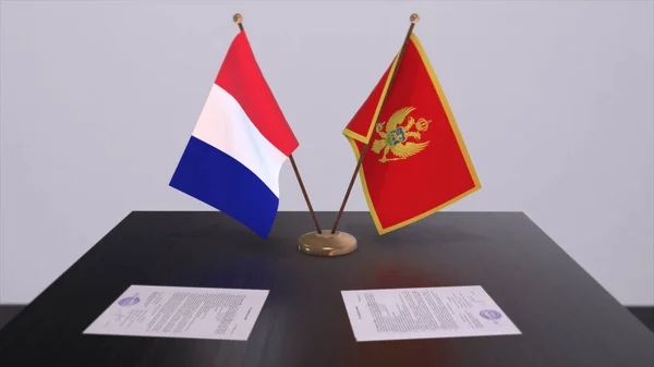 Національні Прапори Чорногорії Франції Столі Дипломатичній Конференц Залі Договір Про — стокове фото