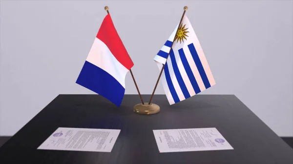 Uruguay France National Flags Table Diplomatic Conference Room Politics Deal — Φωτογραφία Αρχείου