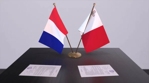 Malta France National Flags Table Diplomatic Conference Room Politics Deal — стокове фото