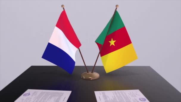 Камерун Национальные Флаги Франции Столе Дипломатическом Конференц Зале Соглашение Политических — стоковое видео