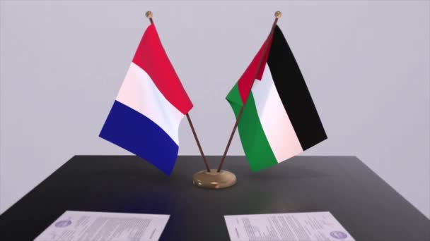 Palestina Och Frankrike Nationella Flaggor Bordet Diplomatisk Konferensrum Politikavtal — Stockvideo