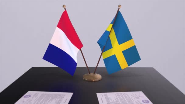 Flagi Narodowe Szwecji Francji Stole Sali Konferencyjnej Porozumienie Polityczne — Wideo stockowe