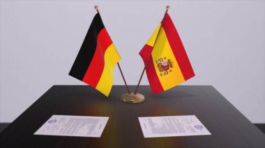 Spain and Germany flag, politics relationship, national flags. Partnership deal 3D illustration.